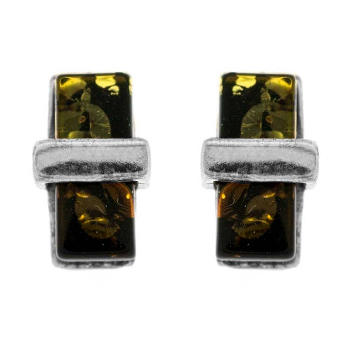 Green Amber Rectangle Sterling Silver Stud