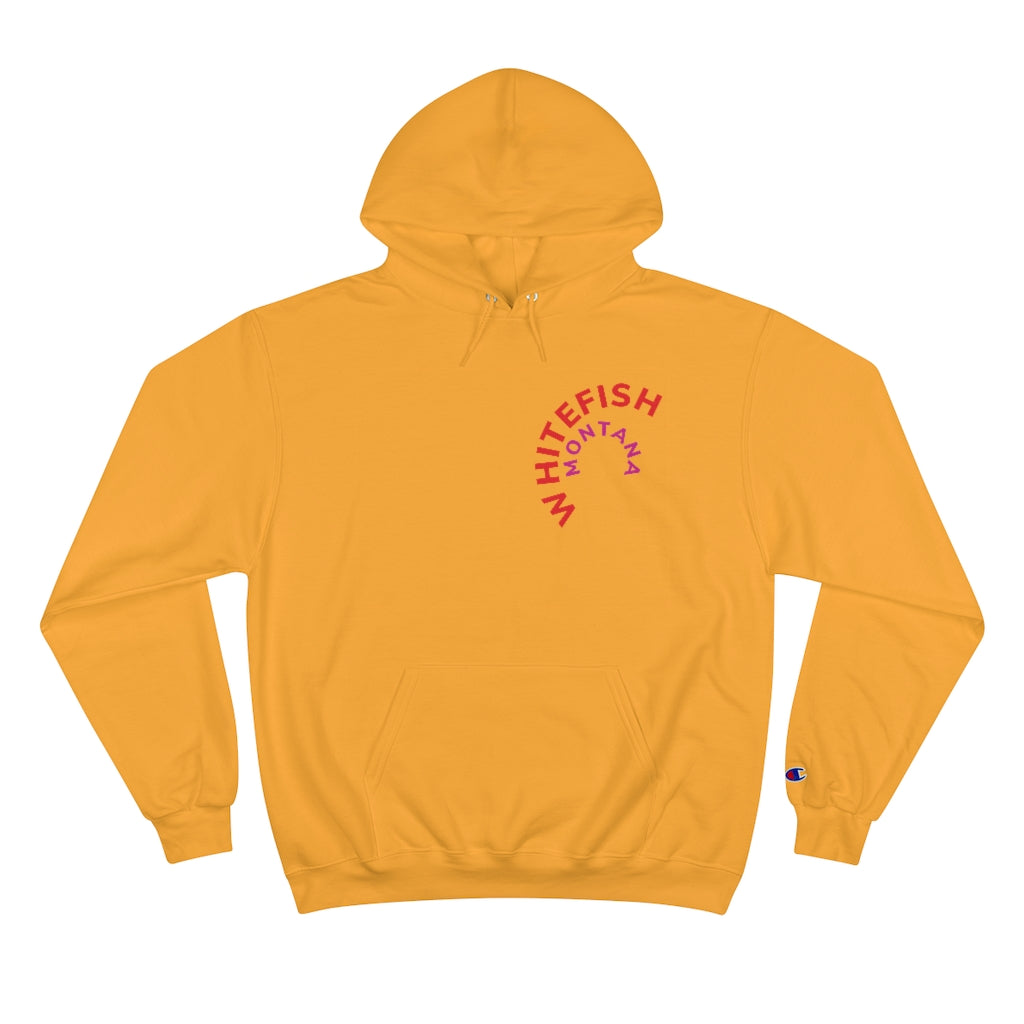 Yellow Whitefish Montana Unisex Campion Hoody with red and majenta rounded graphic