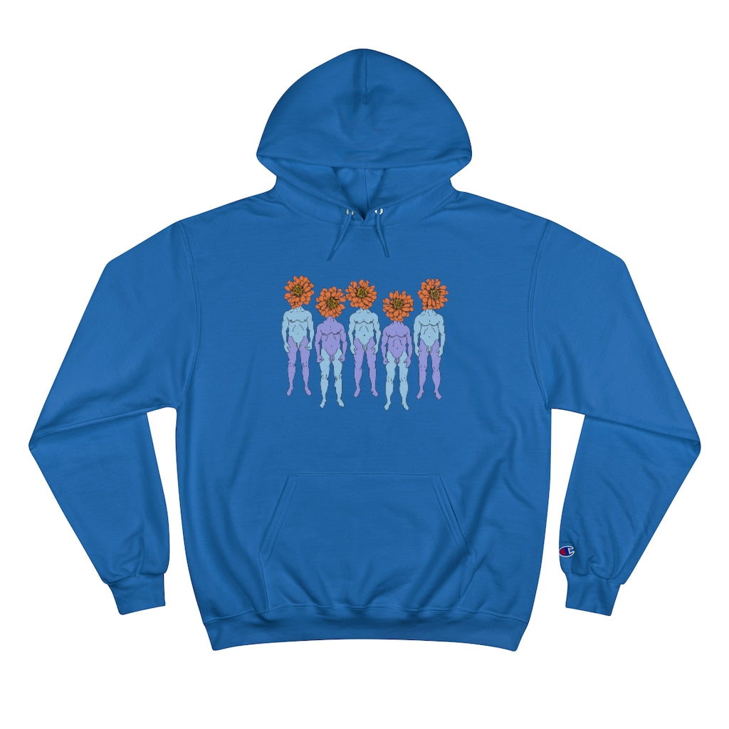 Royal blue Cotten Champion Hoody with a graphic of five naked blue and purple men that have orange flowers as heads by Cody David Bauer