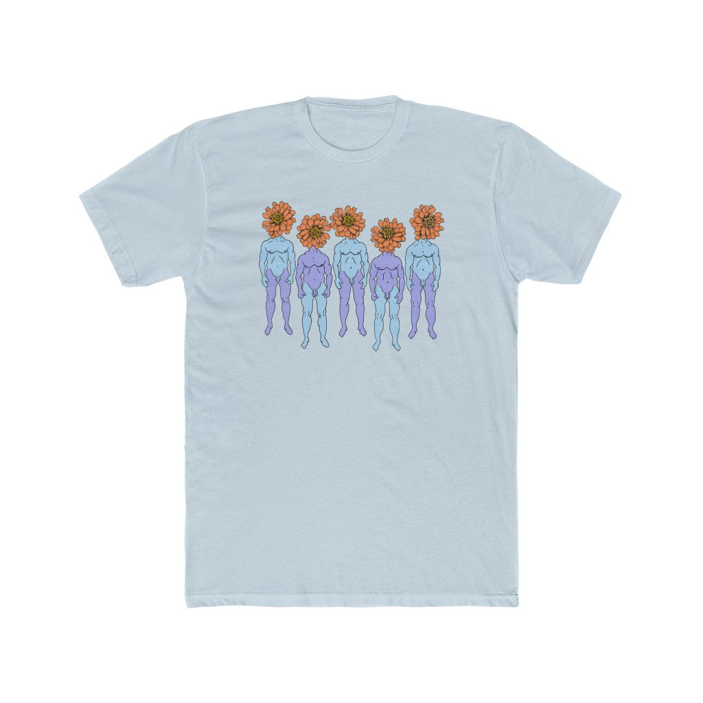 Sky blue Cotten T-Shirt with a graphic of five naked blue and purple men that have orange flowers as heads by Cody David Bauer