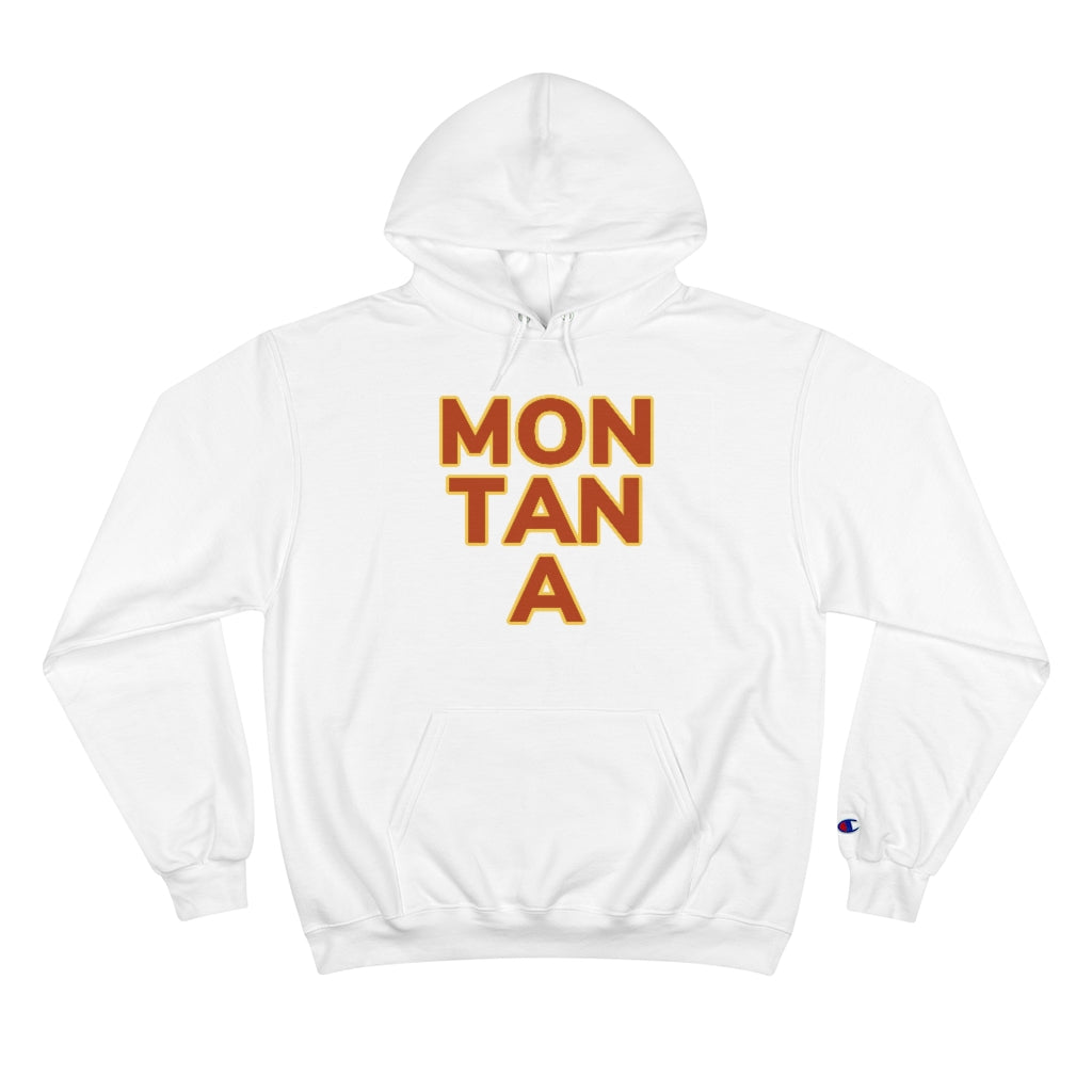 White Cotten Champion Hoody with "MON TAN A" graphic centered in the middle