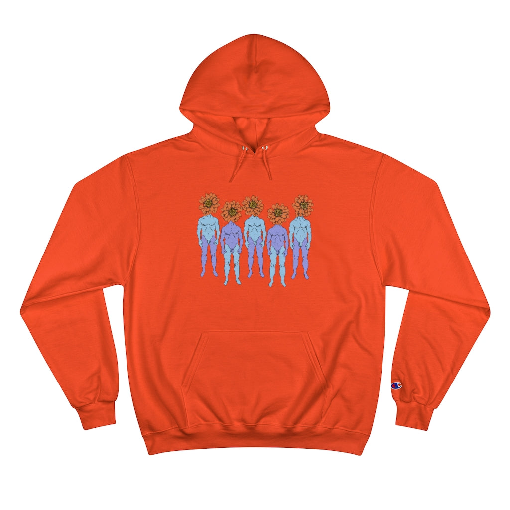 Orange Cotten Champion Hoody with a graphic of five naked blue and purple men that have orange flowers as heads by Cody David Bauer