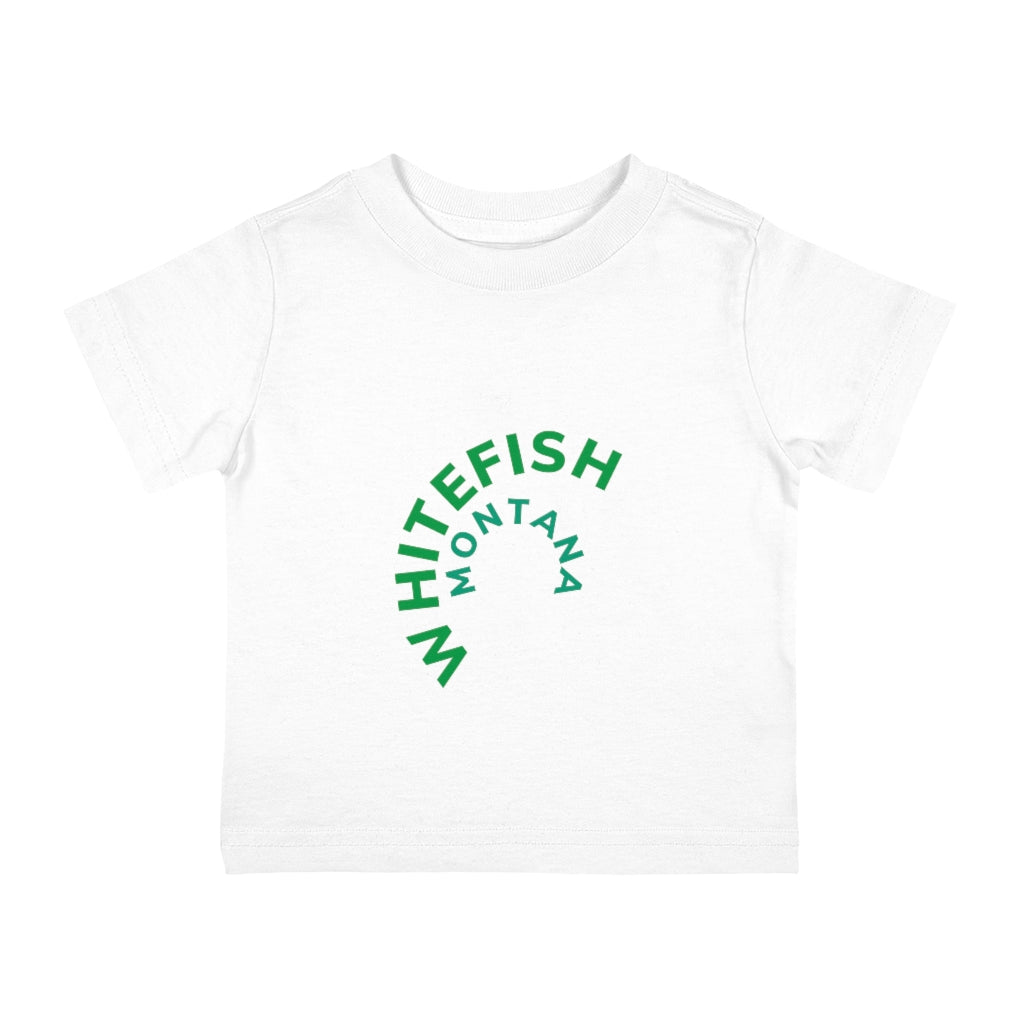 White Cotten Kids T-Shirt with curved WHITEFISH MONTANA in Kelly green and Teel