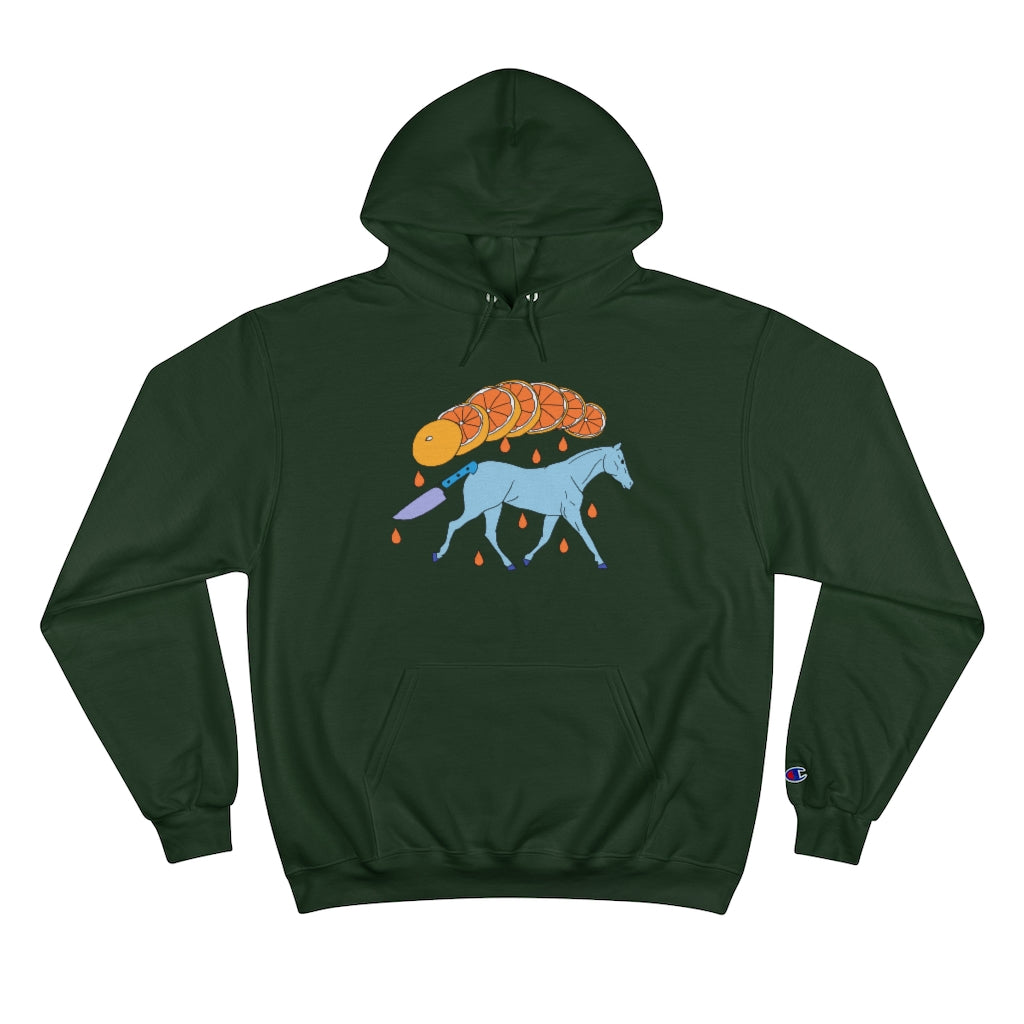 Dark Green Cotten Kids Champion hoody with a graphic of a blue galloping horse that has a knife for tail and a sliced orange raining down orange juice above art by Cody David Bauer