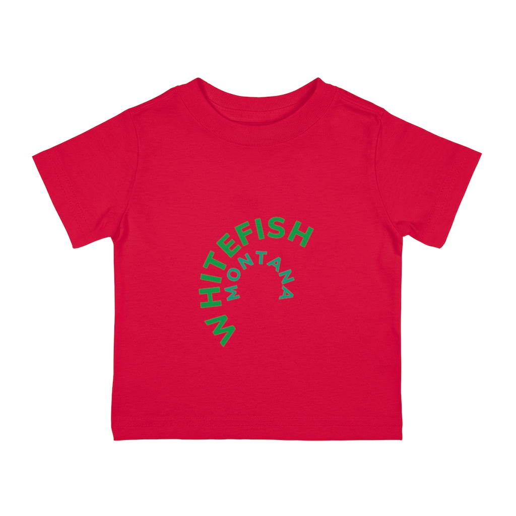 Red Cotten Kids T-Shirt with curved WHITEFISH MONTANA in Kelly green and Teel