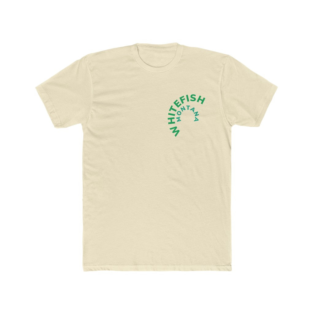 Light yellow Cotten Kids T-Shirt with curved WHITEFISH MONTANA in Kelly green and Teel