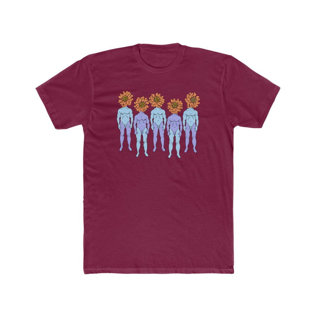 Maroon Cotten T-Shirt with a graphic of five naked blue and purple men that have orange flowers as heads by Cody David Bauer