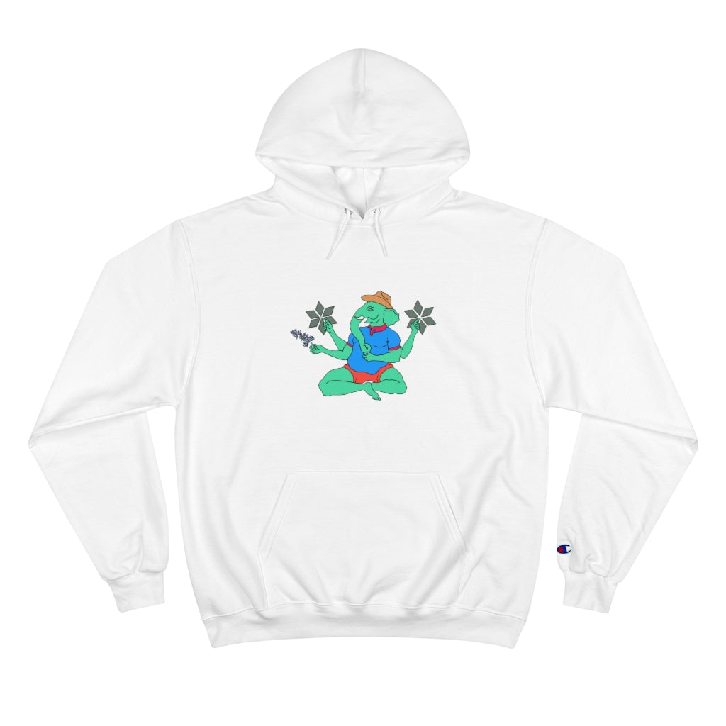 White Cotten Champion hoody with a graphic of Ganesha holding a bluebonnet flower and wearing a cowboy hat with a blue polo and red shorts