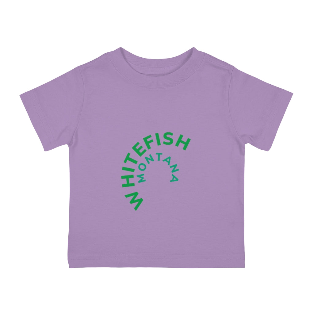 Lilac Cotten Kids T-Shirt with curved WHITEFISH MONTANA in Kelly green and Teel