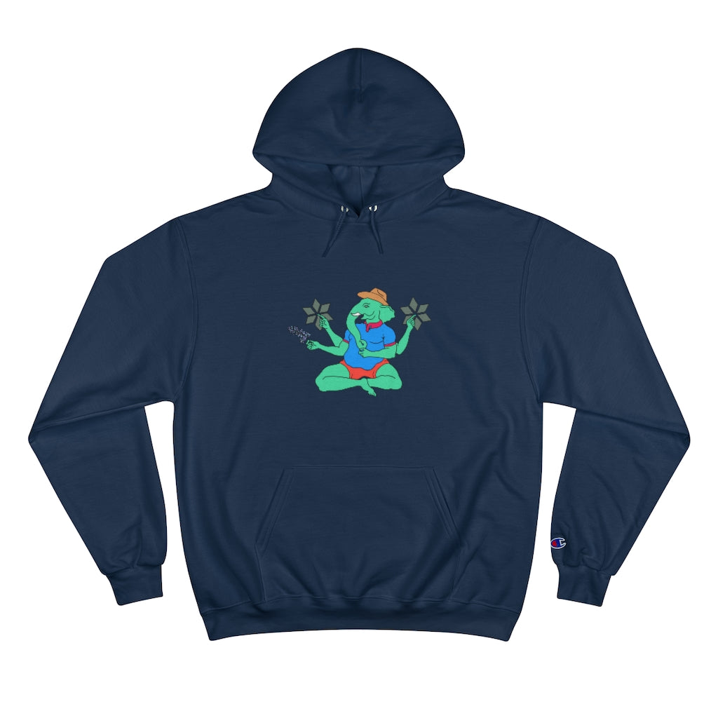 Navy Cotten Champion hoody with a graphic of Ganesha holding a bluebonnet flower and wearing a cowboy hat with a blue polo and red shorts