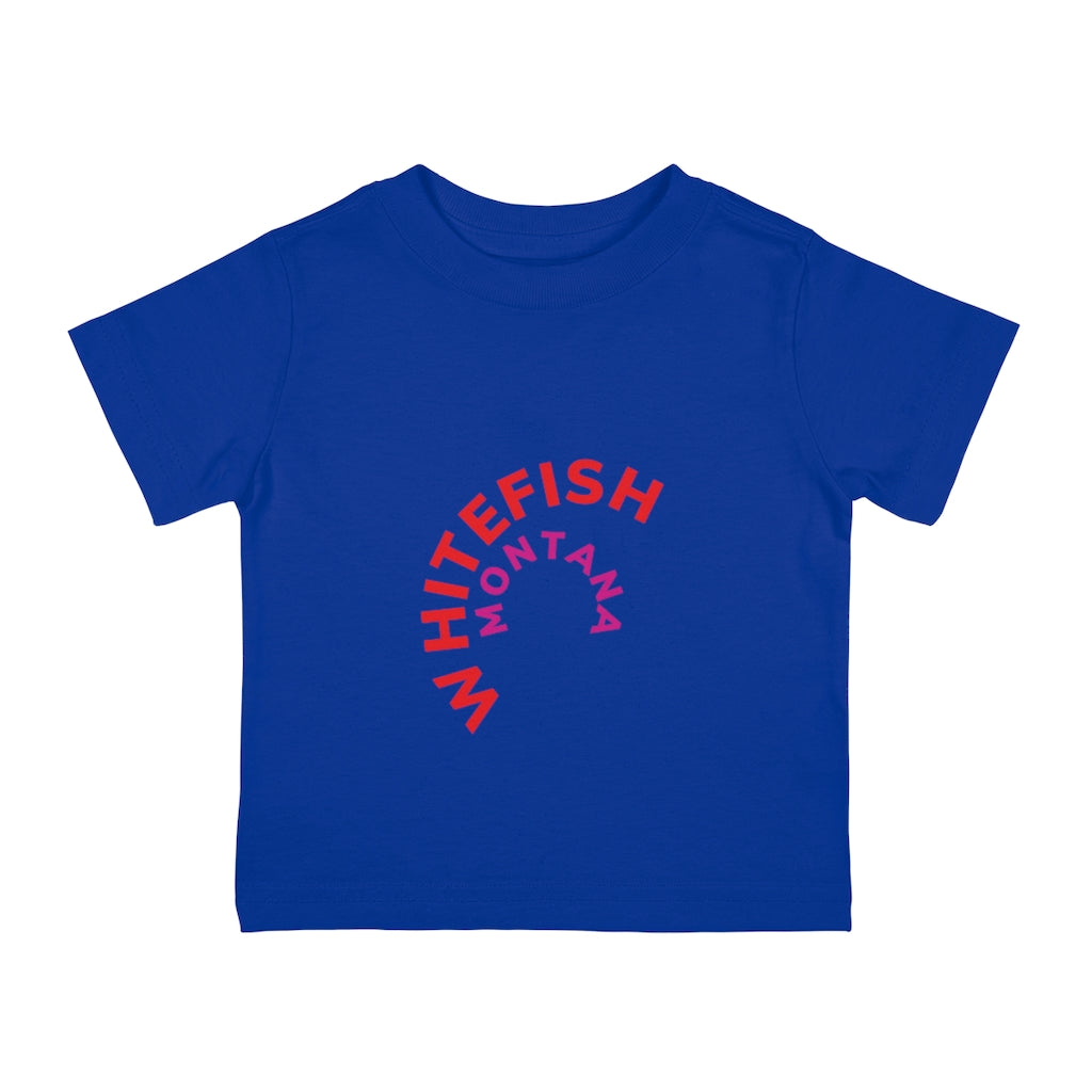 Royal Blue Whitefish Montana Kids T-Shirt with red and majenta rounded graphic