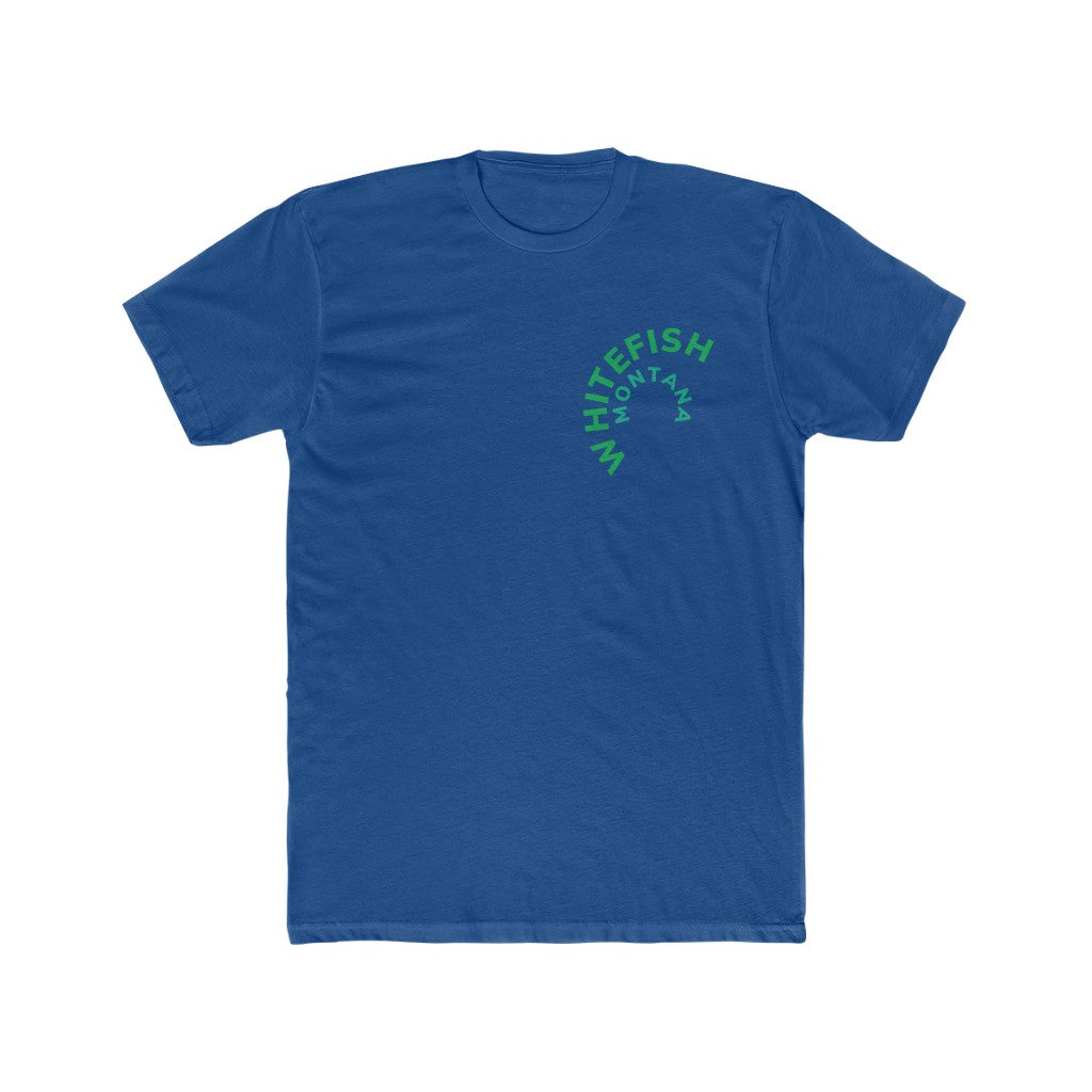 Blue Cotten Kids T-Shirt with curved WHITEFISH MONTANA in Kelly green and Teel