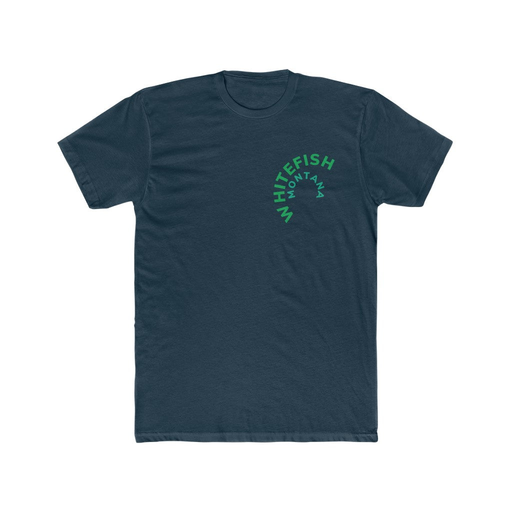 Navy Cotten Kids T-Shirt with curved WHITEFISH MONTANA in Kelly green and Teel