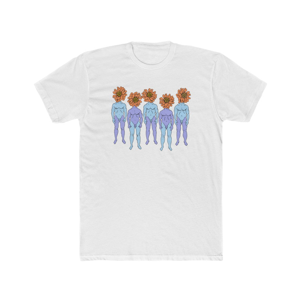 White Cotten T-Shirt with a graphic of five naked blue and purple fmen that have orange flowers as heads by Cody David Bauer