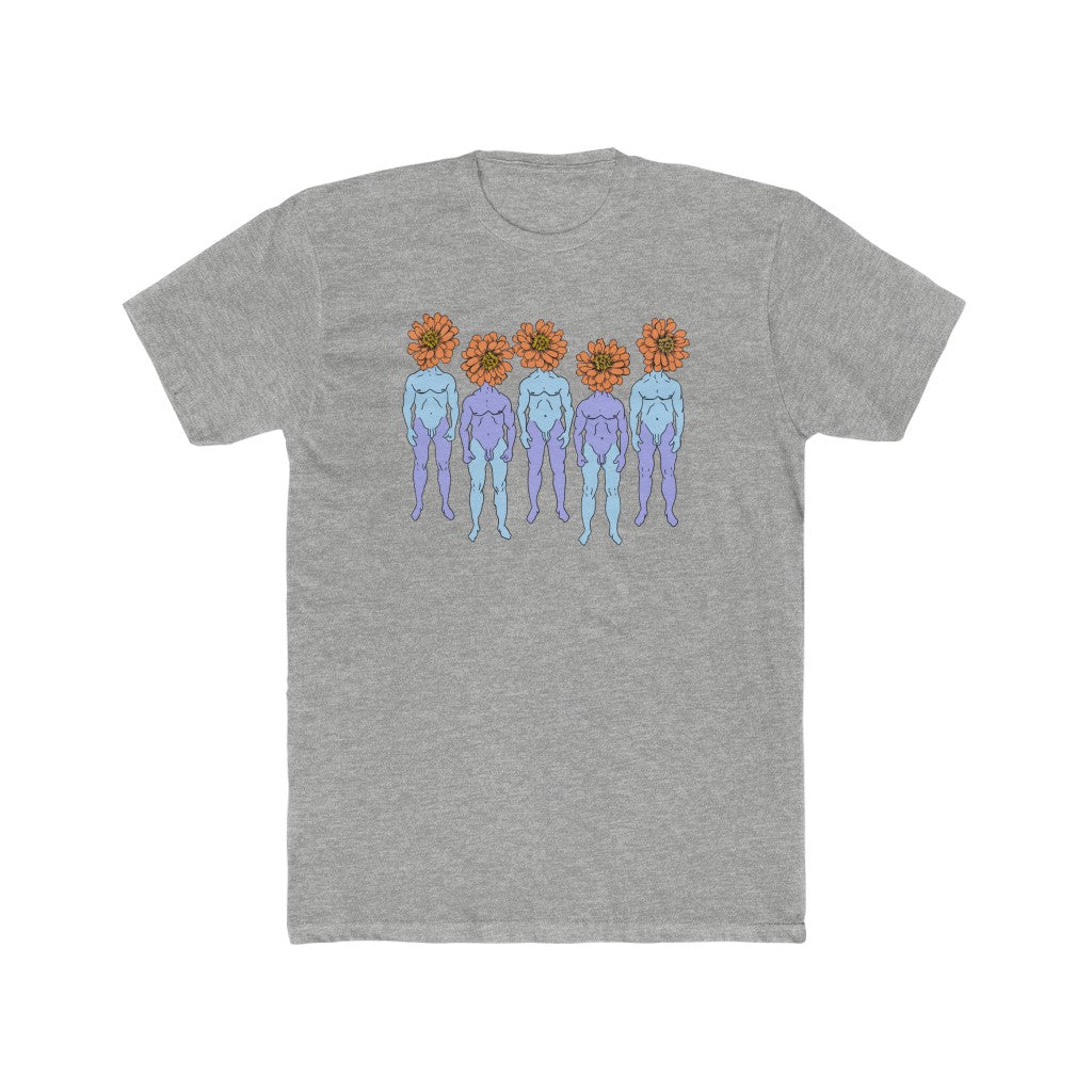 Heather grey Cotten T-Shirt with a graphic of five naked blue and purple fmen that have orange flowers as heads by Cody David Bauer