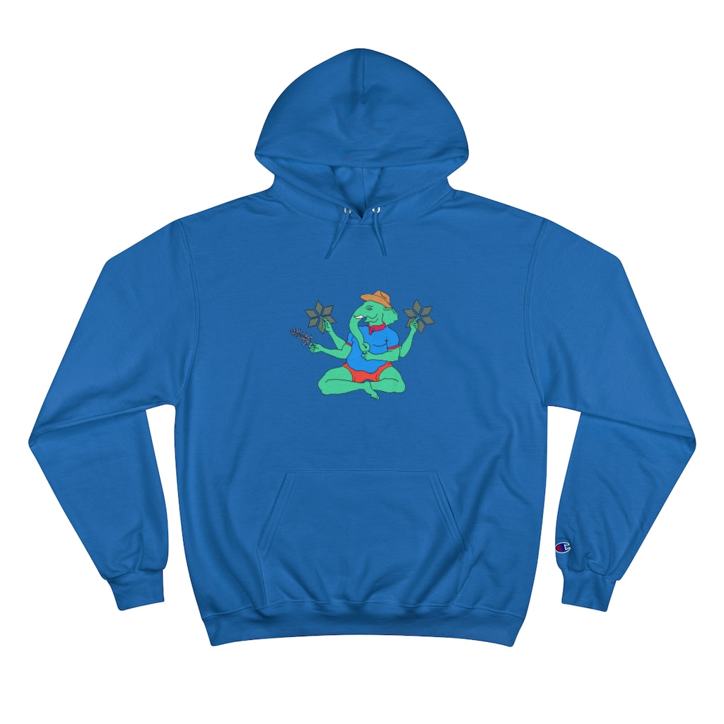 Blue Cotten Champion hoody with a graphic of Ganesha holding a bluebonnet flower and wearing a cowboy hat with a blue polo and red shorts
