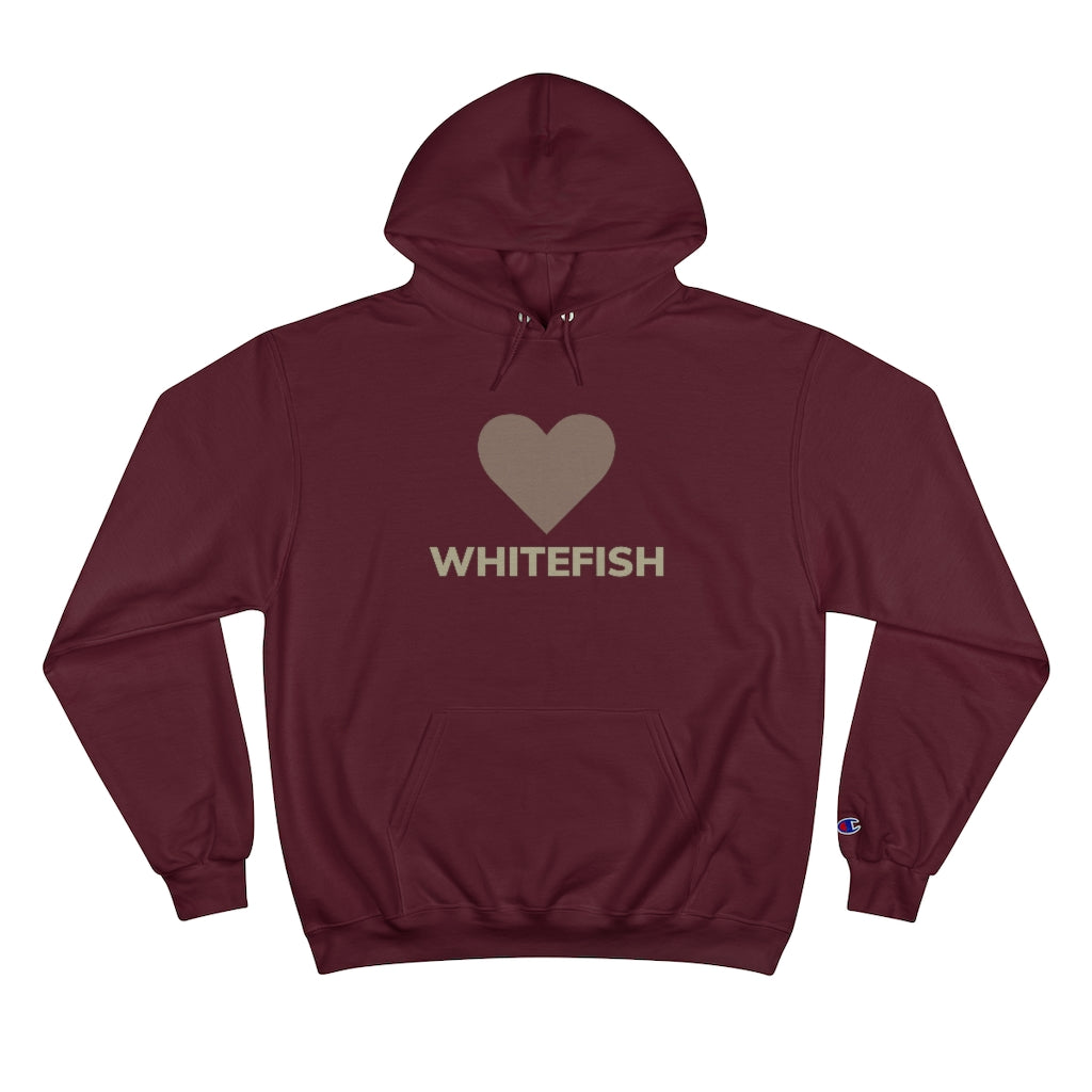 Maroon I Love Whitefish Champion Hoody with brown and grey graphic