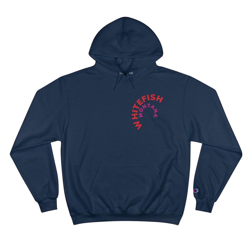 Navy Whitefish Montana Unisex Campion Hoody with red and majenta rounded graphic