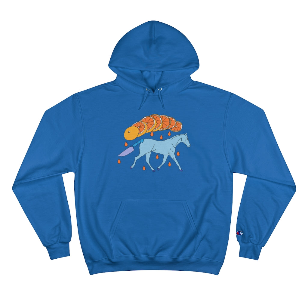 Bue Cotten Kids Champion hoody with a graphic of a blue galloping horse that has a knife for tail and a sliced orange raining down orange juice above art by Cody David Bauer