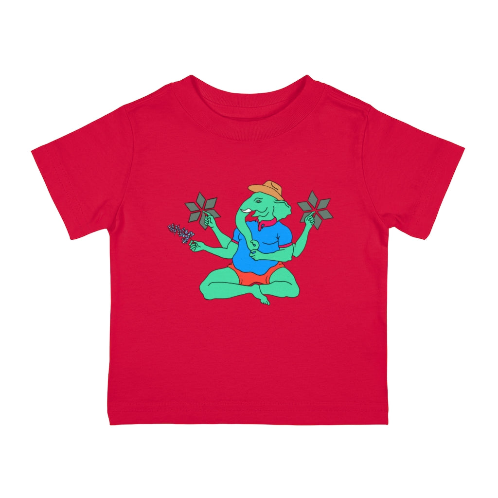 red Cotten kids T-Shirt with a graphic of Ganesha holding a bluebonnet flower and wearing a cowboy hat with a blue polo and red shorts