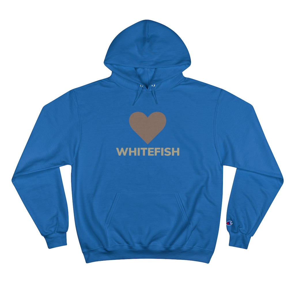 Blue I Love Whitefish Champion Hoody with brown and grey graphic