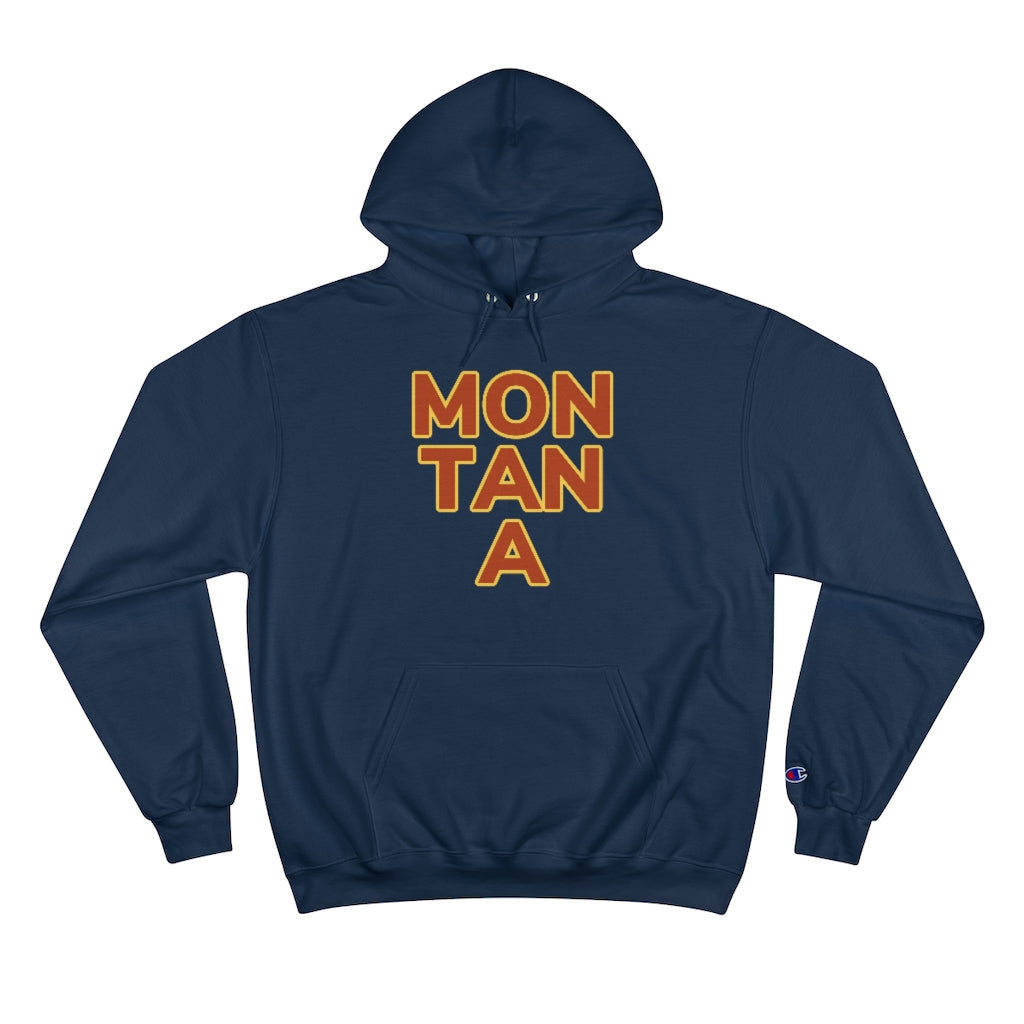 Navy Cotten Champion Hoody with "MON TAN A" graphic centered in the middle