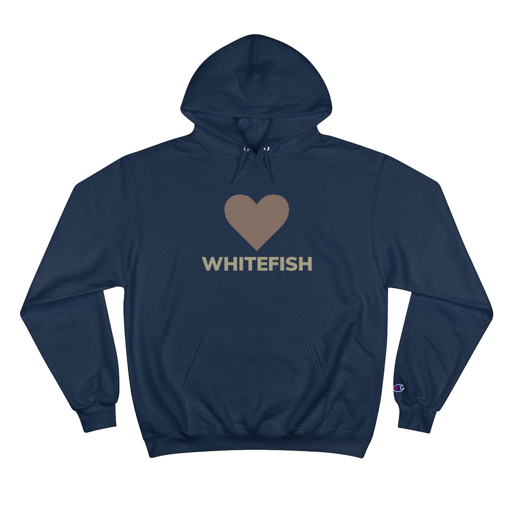 Navy I Love Whitefish Champion Hoody with brown and grey graphic