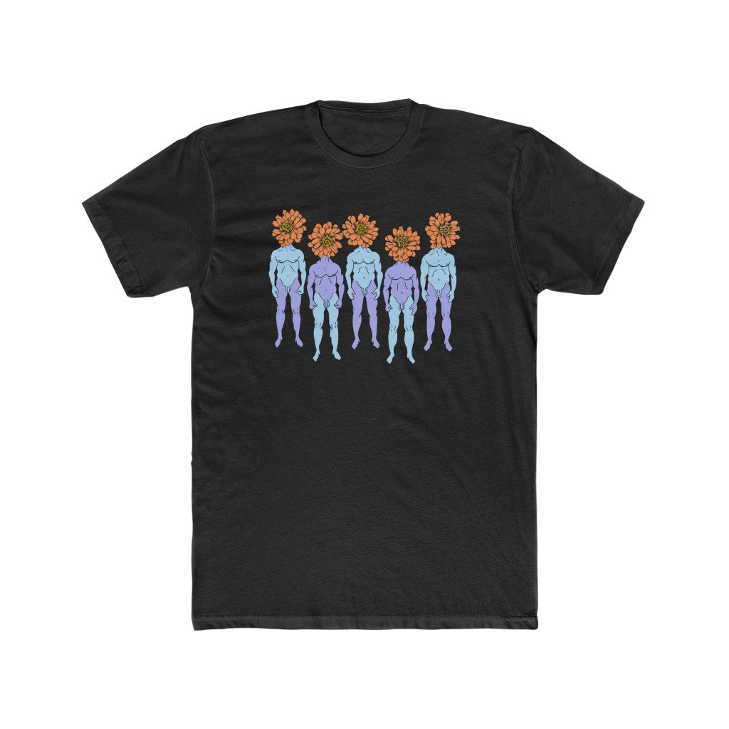 Black Cotten T-Shirt with a graphic of five naked blue and purple fmen that have orange flowers as heads by Cody David Bauer