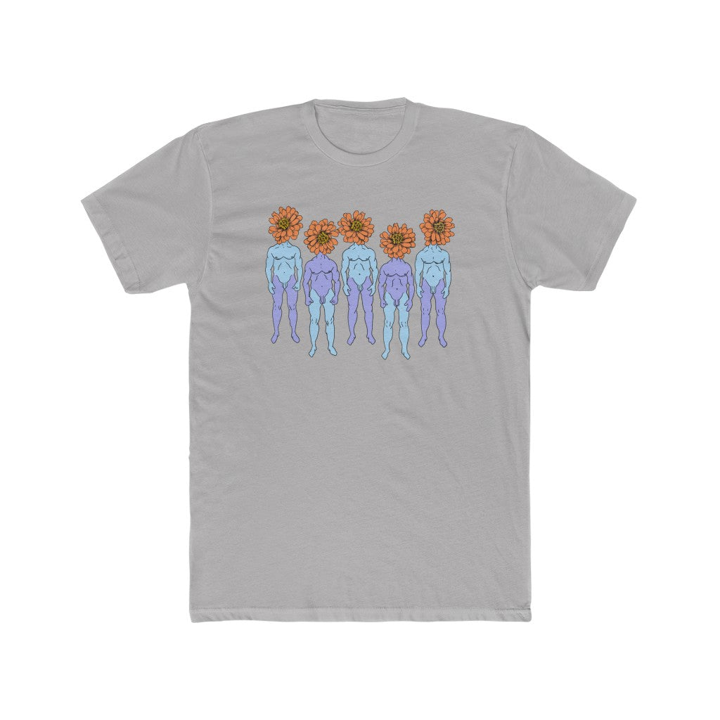 Solid Grey Cotten T-Shirt with a graphic of five naked blue and purple fmen that have orange flowers as heads by Cody David Bauer