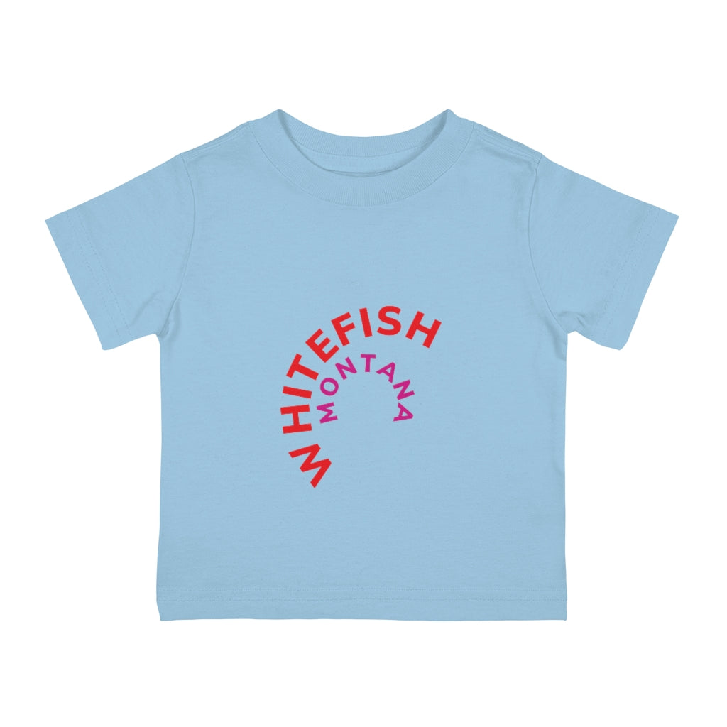 Sky Blue Whitefish Montana Kids T-Shirt with red and majenta rounded graphic