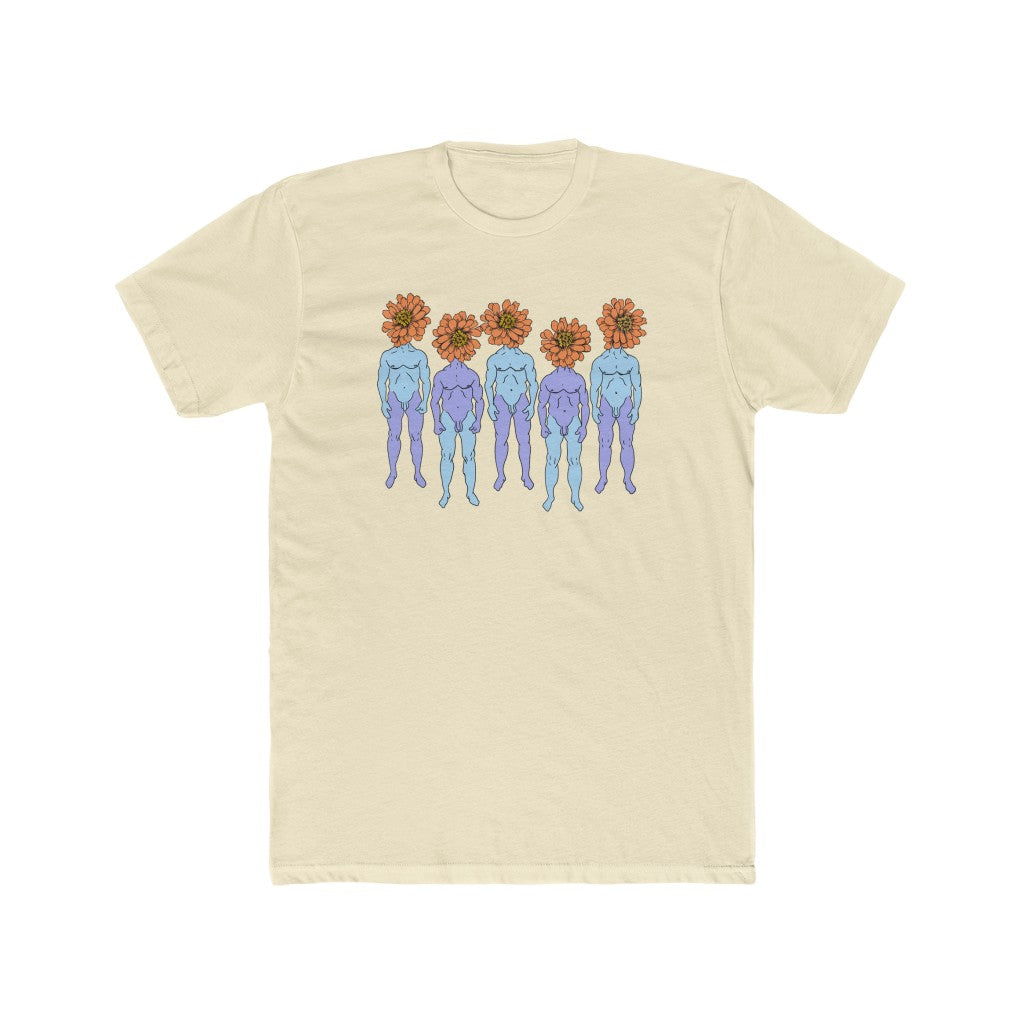 Light yellow Cotten T-Shirt with a graphic of five naked blue and purple men that have orange flowers as heads by Cody David Bauer