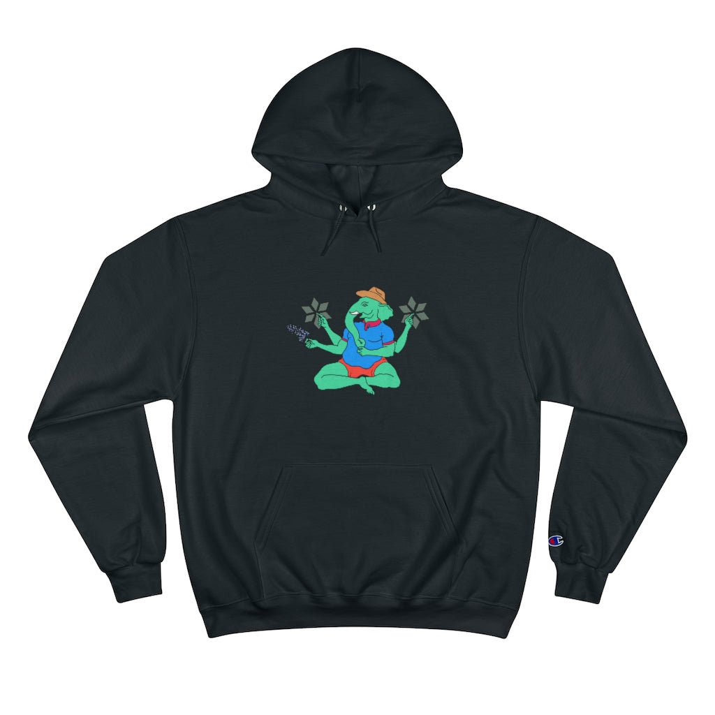 Black Cotten Champion hoody with a graphic of Ganesha holding a bluebonnet flower and wearing a cowboy hat with a blue polo and red shorts