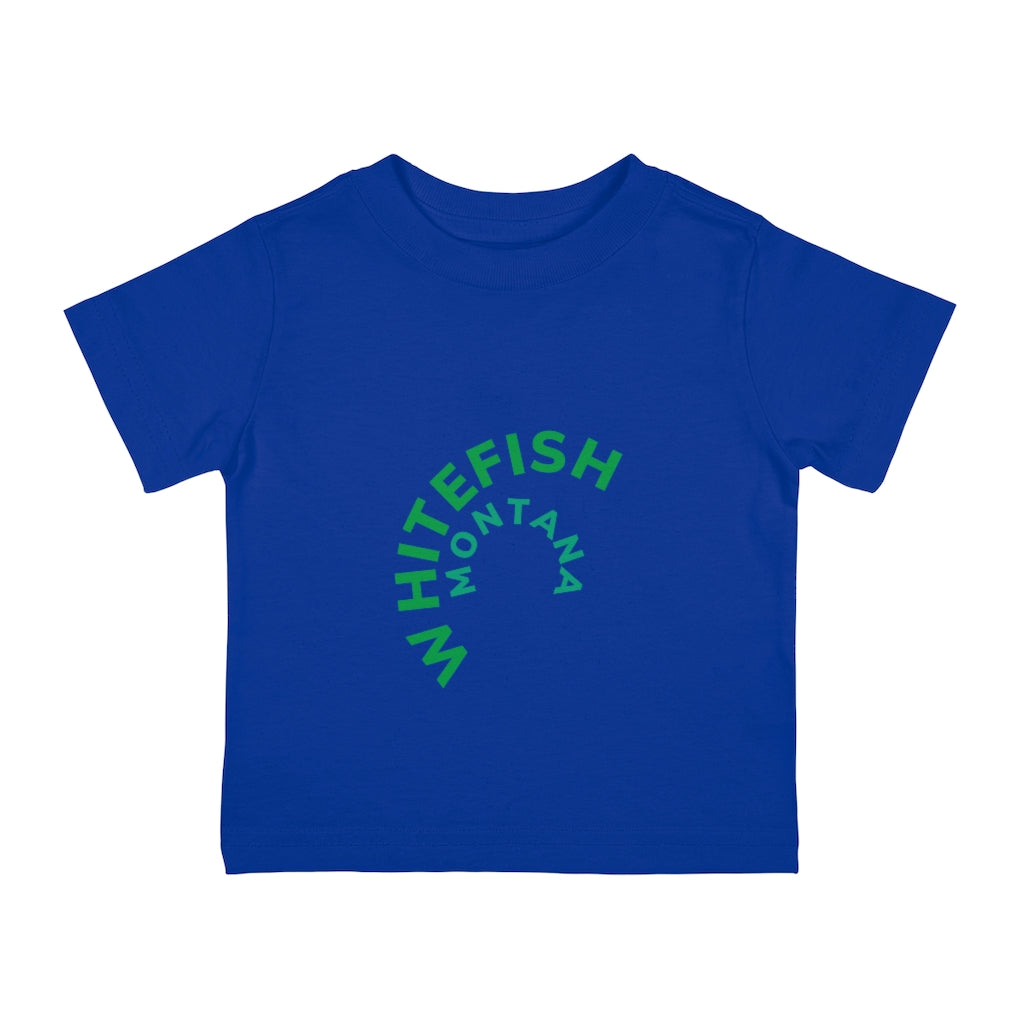 Royal Blue Cotten Kids T-Shirt with curved WHITEFISH MONTANA in Kelly green and Teel
