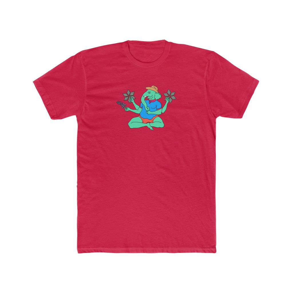 red Cotten T-Shirt with a graphic of Ganesha holding a bluebonnet flower and wearing a cowboy hat with a blue polo and red shorts