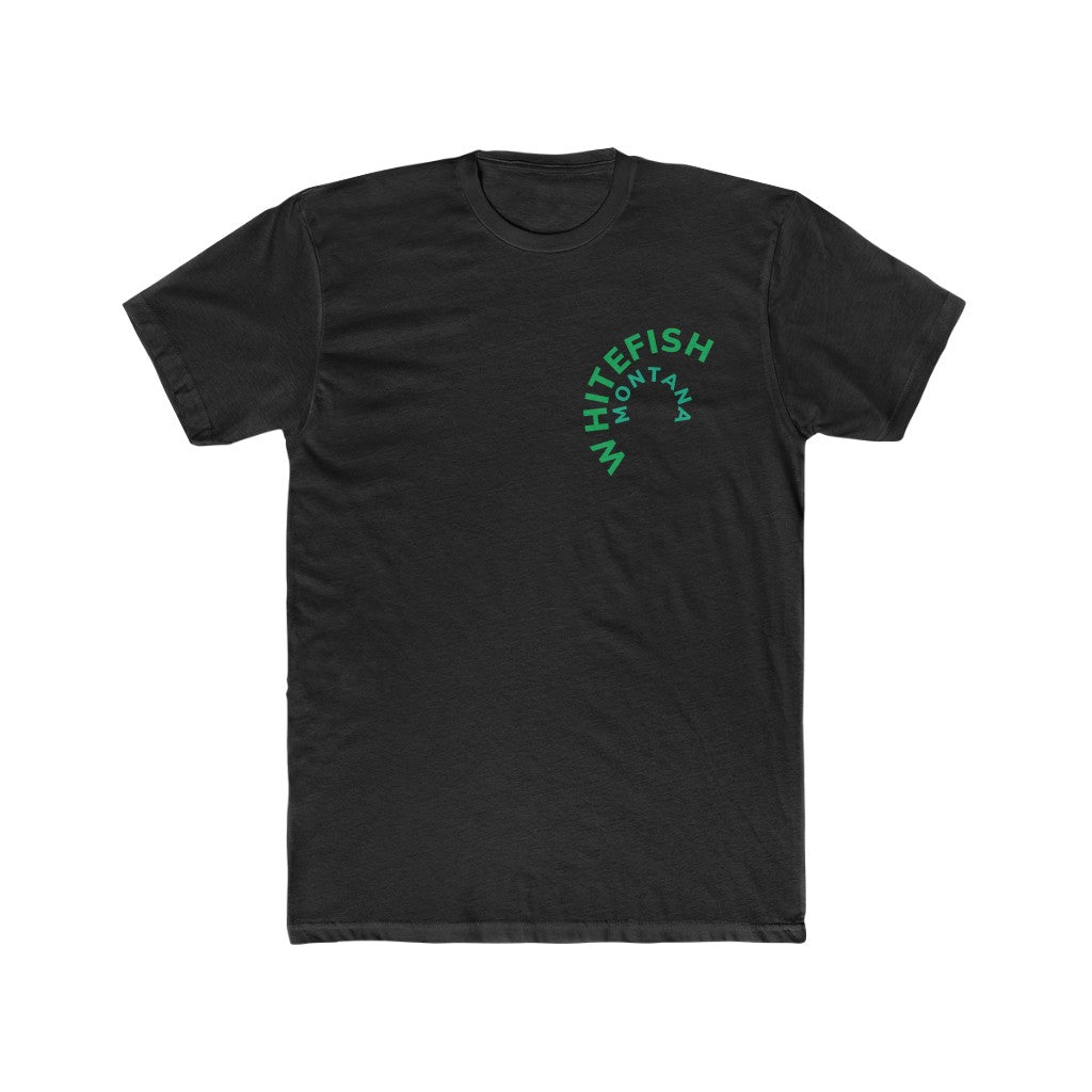 Charcoal grey Cotten Kids T-Shirt with curved WHITEFISH MONTANA in Kelly green and Teel