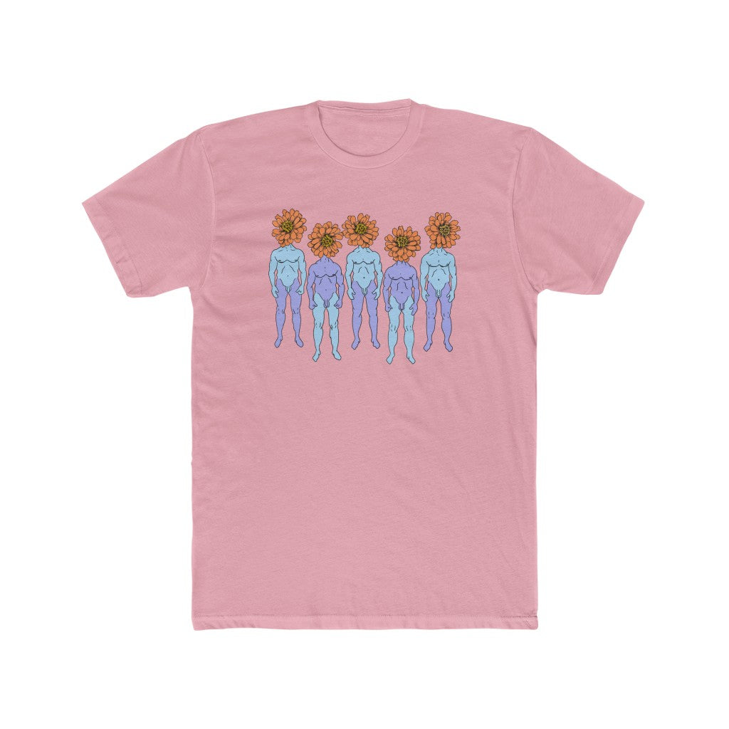 Baby pink Cotten T-Shirt with a graphic of five naked blue and purple men that have orange flowers as heads by Cody David Bauer