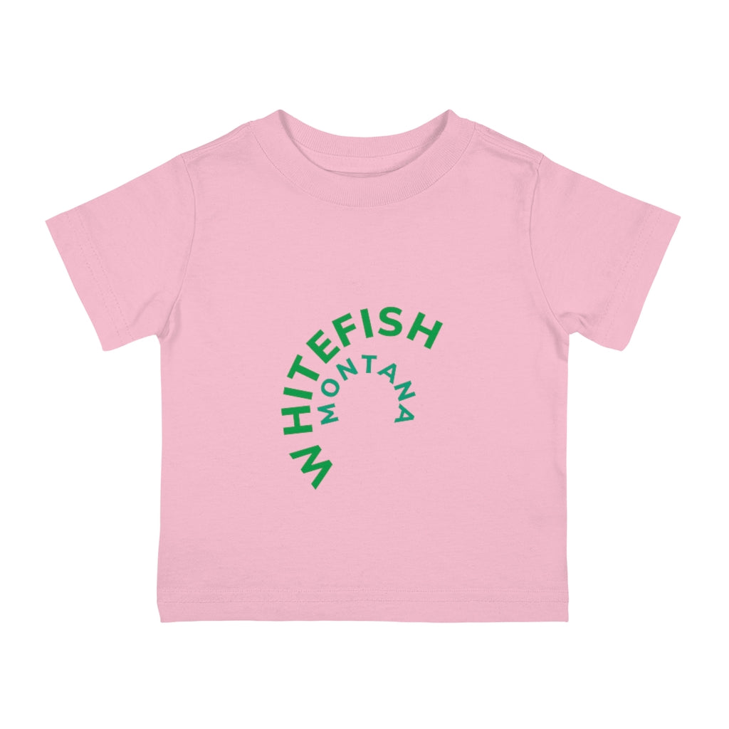 Baby pink Cotten Kids T-Shirt with curved WHITEFISH MONTANA in Kelly green and Teel