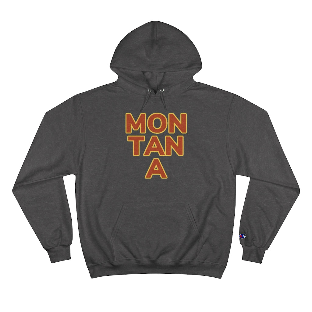 Charcoal Grey Cotten Champion Hoody with "MON TAN A" graphic centered in the middle