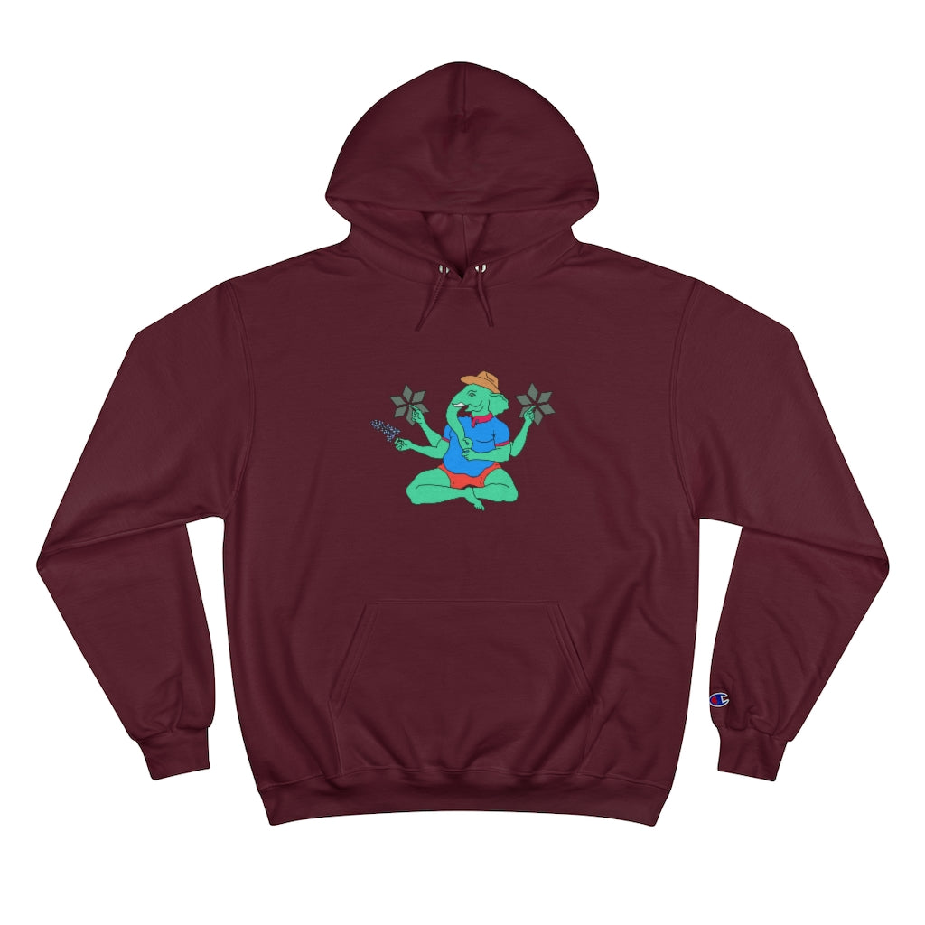 Maroon Cotten Champion hoody with a graphic of Ganesha holding a bluebonnet flower and wearing a cowboy hat with a blue polo and red shorts