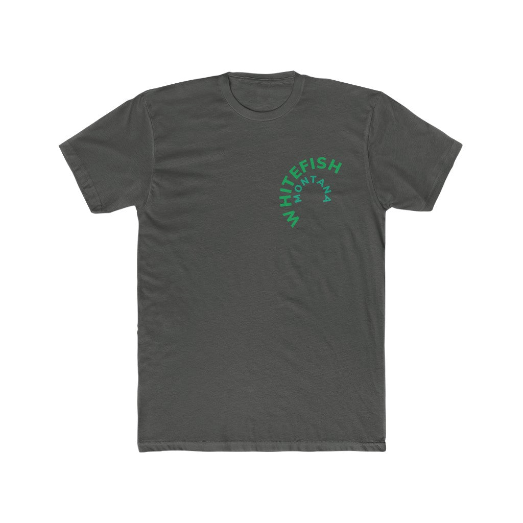 Charcoal Grey Cotten Kids T-Shirt with curved WHITEFISH MONTANA in Kelly green and Teel