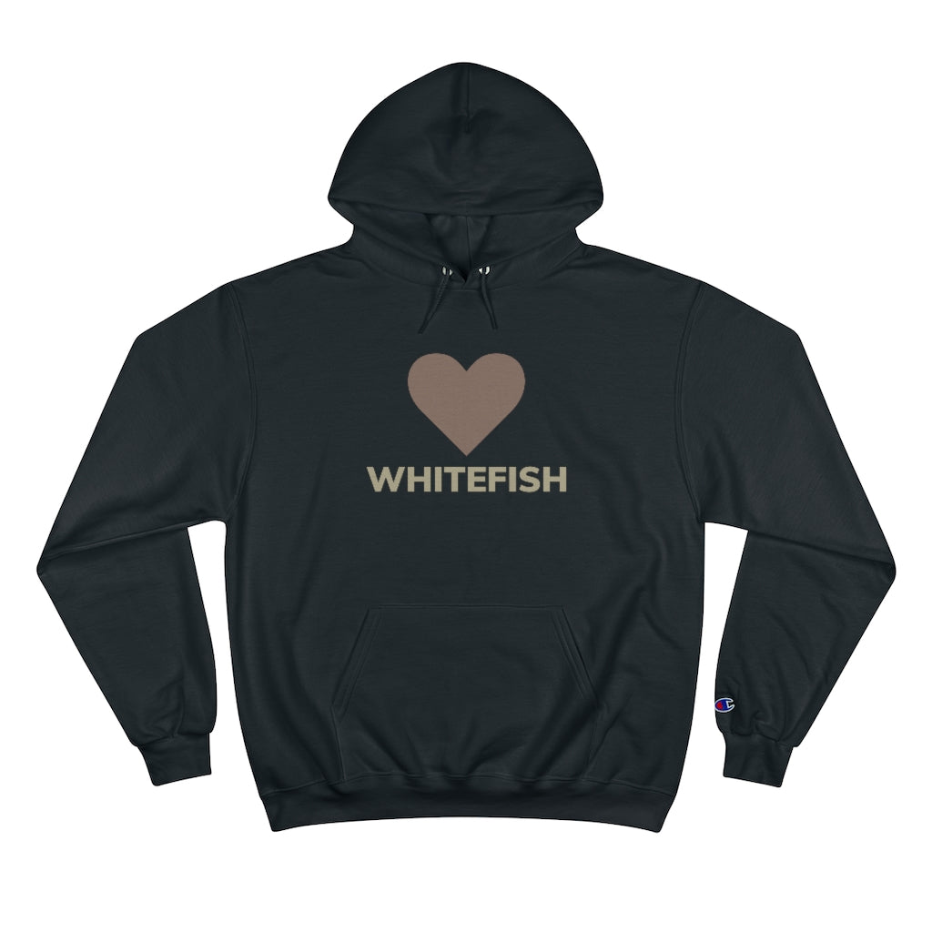 Black I Love Whitefish Champion Hoody with brown and grey graphic