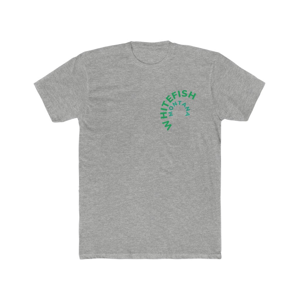 heather grey Cotten Kids T-Shirt with curved WHITEFISH MONTANA in Kelly green and Teel