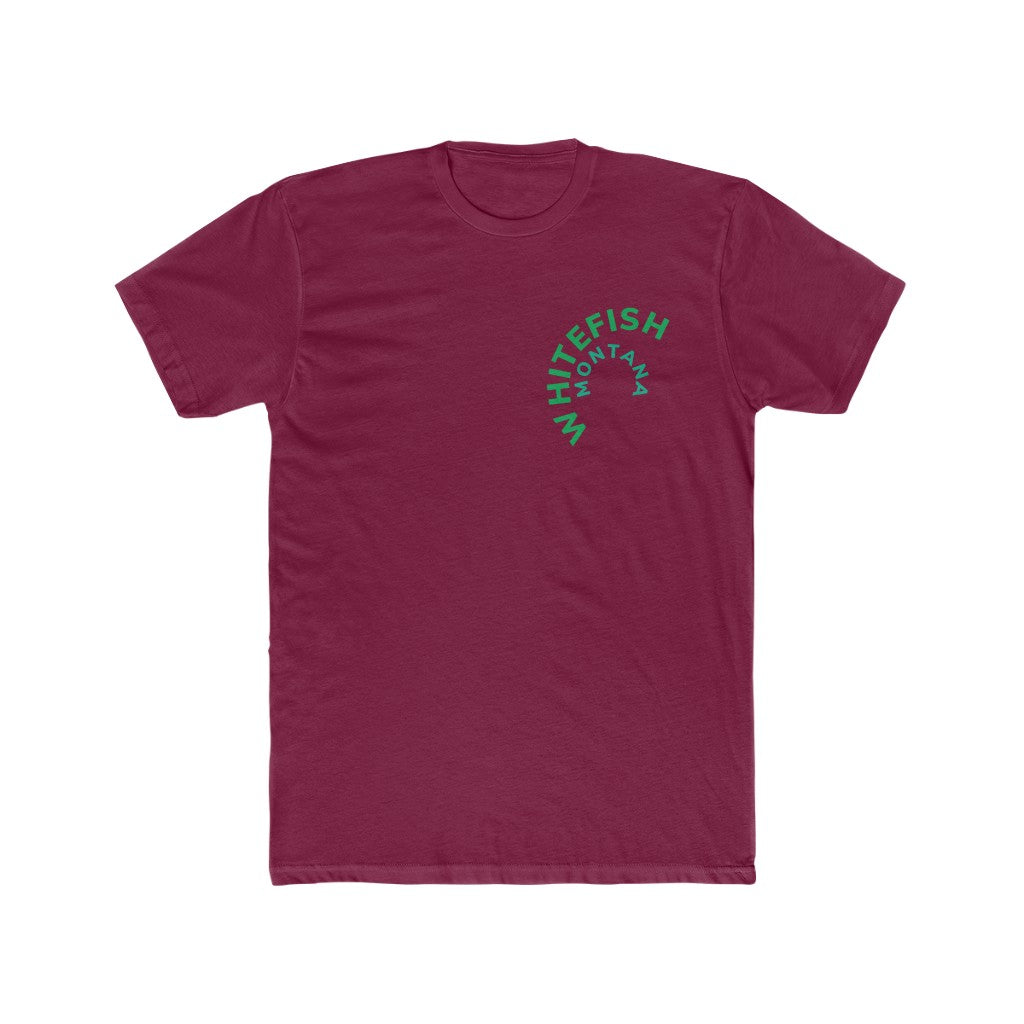 Maroon Cotten Kids T-Shirt with curved WHITEFISH MONTANA in Kelly green and Teel
