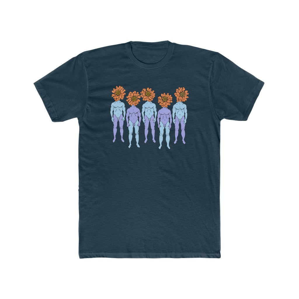 Navy Cotten T-Shirt with a graphic of five naked blue and purple men that have orange flowers as heads by Cody David Bauer
