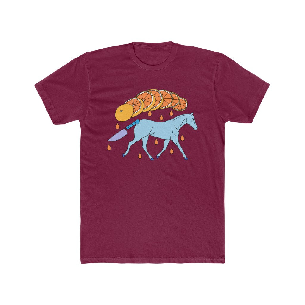 MAroon Cotten Kids t-shirt with a graphic of a blue galloping horse that has a knife for. tail and a sliced orange raining down orange juice above art by Cody David Bauer