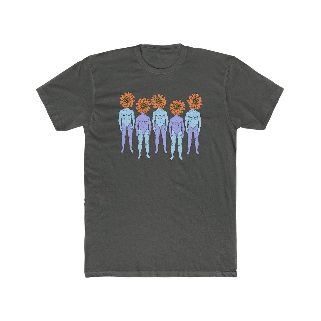 Charcoal grey Cotten T-Shirt with a graphic of five naked blue and purple fmen that have orange flowers as heads by Cody David Bauer