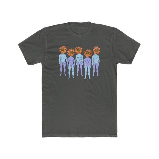 Charcoal grey Cotten T-Shirt with a graphic of five naked blue and purple fmen that have orange flowers as heads by Cody David Bauer