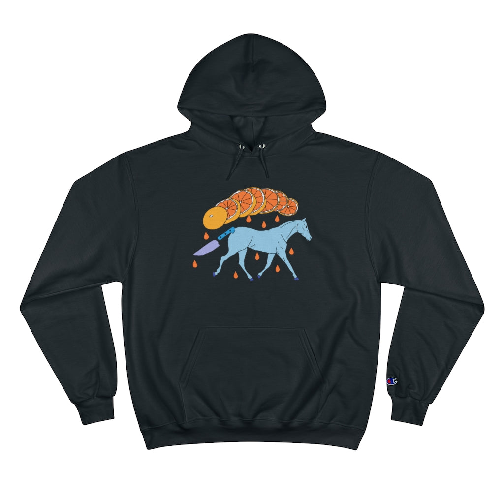 Black Cotten Kids Champion hoody with a graphic of a blue galloping horse that has a knife for tail and a sliced orange raining down orange juice above art by Cody David Bauer