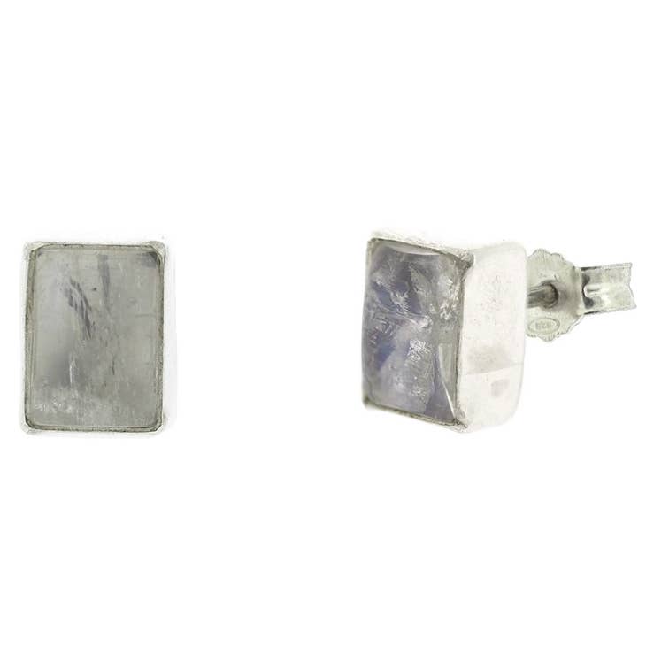 Moonstone Rectangle Sterling Silver Stud Earrings