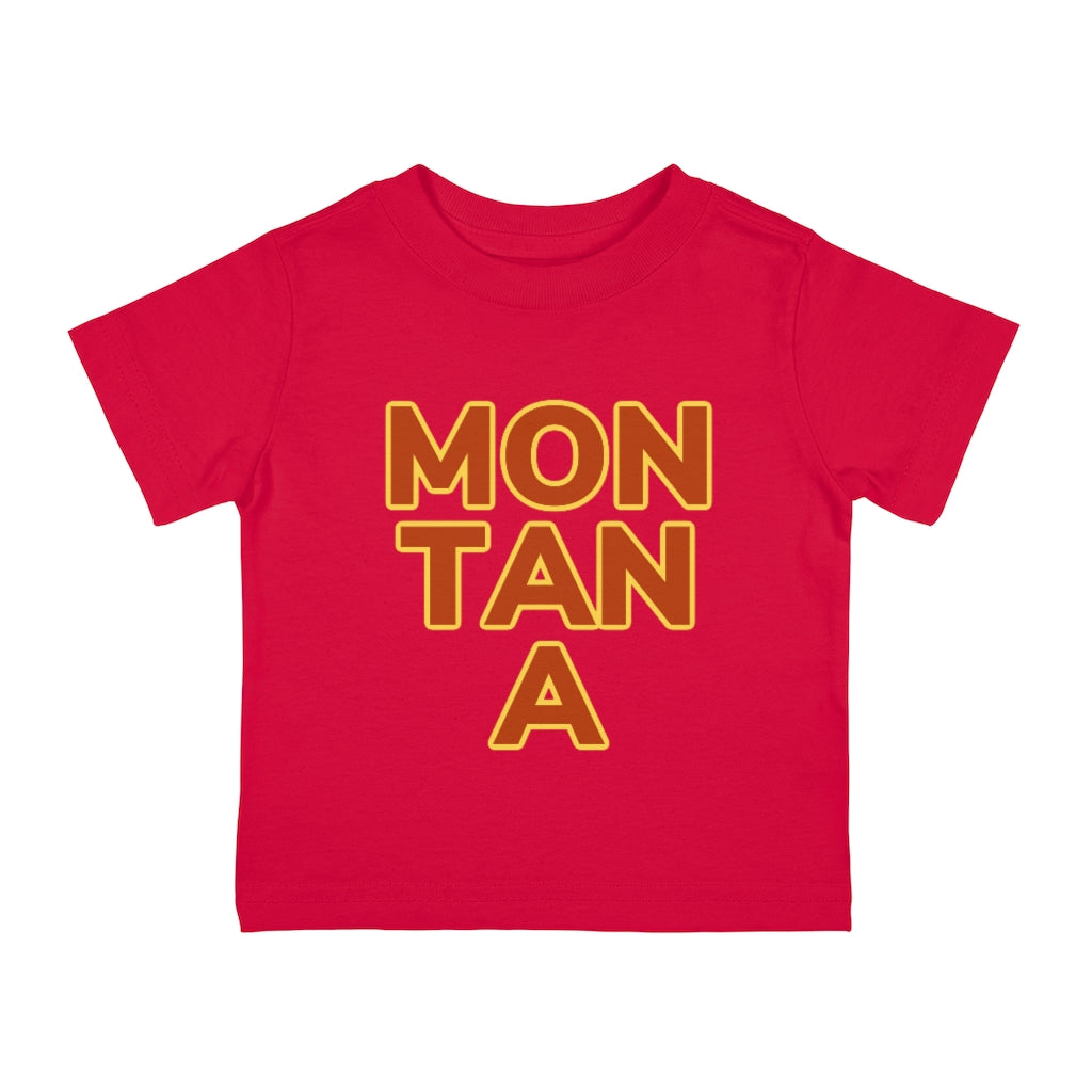 Red Cotten kids T-Shirt with "MON TAN A" graphic centered in the middle